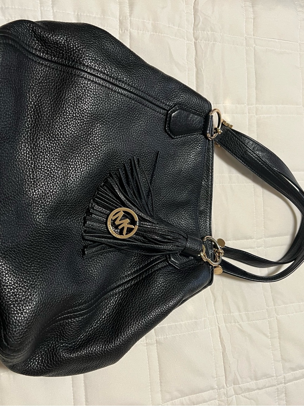 Michael Kors Black Pebbled Leather Shoulder Bag with Tassel Charm